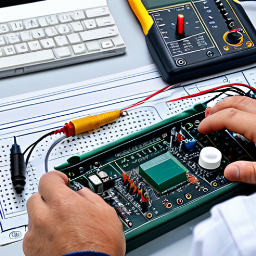Home 15 A focused professional, fully clothed in modest attire, diligently working at a clean electronics workbench. The scene includes a breadboard with neatly arranged resistors, capacitors, and wires, alongside an open textbook displaying Ohm's Law equations. The person is holding a multimeter, accurately measuring components. The background features a whiteboard with clear circuit diagrams and notes. The lighting is bright and professional. perfect anatomy, correct proportions, natural pose, well-formed hands, proper finger count, natural body proportions. safe for work, appropriate content, fully clothed, professional, family-friendly.