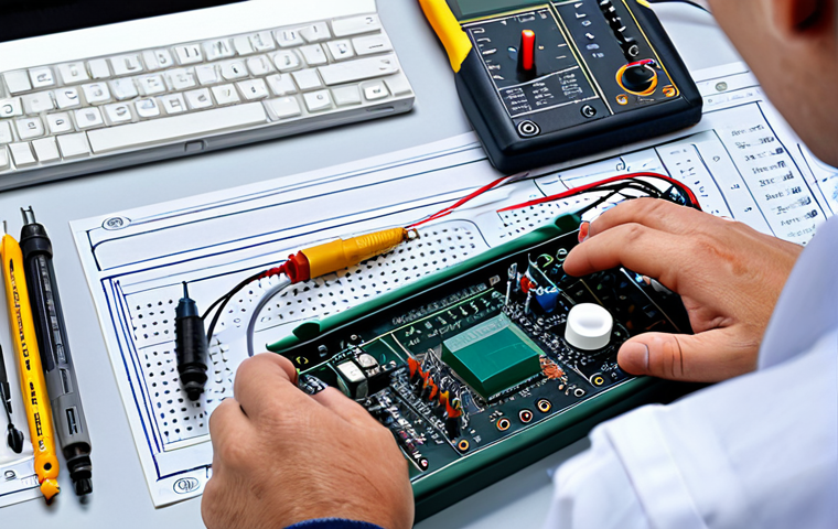 A focused professional, fully clothed in modest attire, diligently working at a clean electronics workbench. The scene includes a breadboard with neatly arranged resistors, capacitors, and wires, alongside an open textbook displaying Ohm's Law equations. The person is holding a multimeter, accurately measuring components. The background features a whiteboard with clear circuit diagrams and notes. The lighting is bright and professional. perfect anatomy, correct proportions, natural pose, well-formed hands, proper finger count, natural body proportions. safe for work, appropriate content, fully clothed, professional, family-friendly.