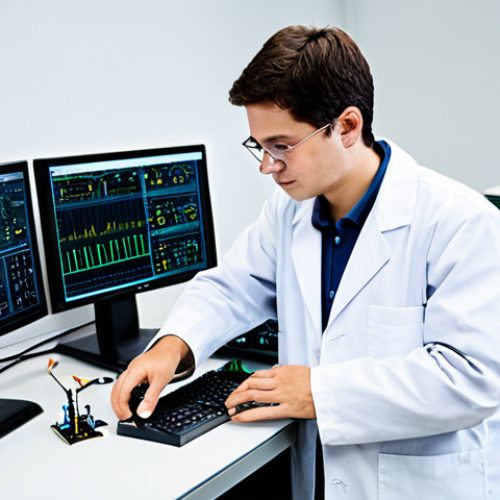Home 7 A focused electronics engineer, male or female, fully clothed in a professional lab coat over modest business casual attire. They are standing in a clean, well-lit modern electronics laboratory, surrounded by organized workstations featuring circuit boards, soldering tools, multimeters, and computer screens displaying technical schematics. The engineer is actively engaged in hands-on prototyping, with well-formed hands carefully interacting with a small electronic component. Perfect anatomy, correct proportions, natural pose, proper finger count, natural body proportions. Professional photography, high detail, vibrant colors, soft studio lighting, safe for work, appropriate content, fully clothed, professional dress.