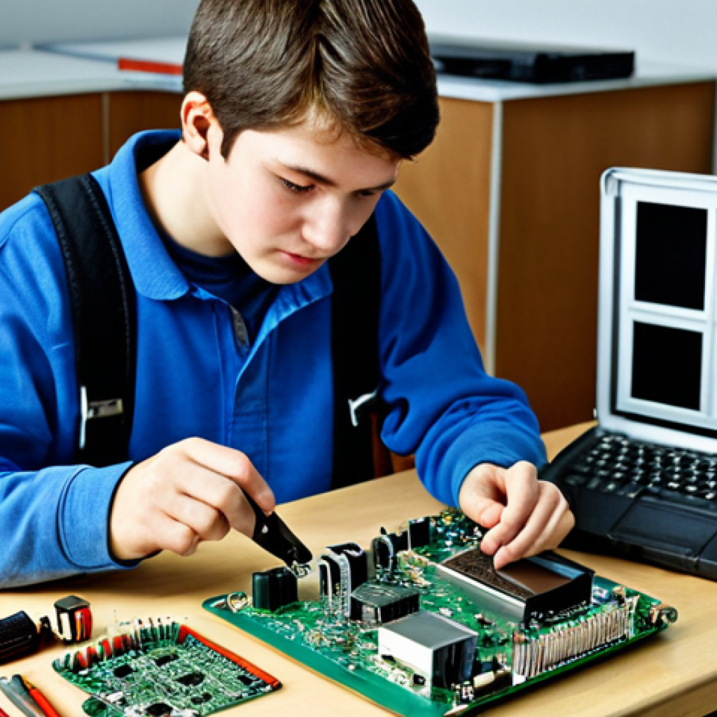 Diploma Student Repairing a Gadget**
"A student, fully clothed in a workshop environment, carefully repairing an electronic gadget with tools. Focus on the details of the gadget and the student's focused expression. Background should include electronic components and equipment. Safe for work, appropriate content, modest, professional, perfect anatomy, correct proportions, natural pose, well-formed hands, proper finger count, high quality."
**
