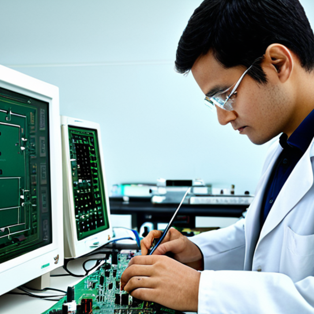 Prompt 1: A professional electronics engineer in a fully clothed, modest lab coat, working on a circuit board in a clean, modern laboratory, appropriate attire, safe for work, perfect anatomy, natural proportions, high quality.