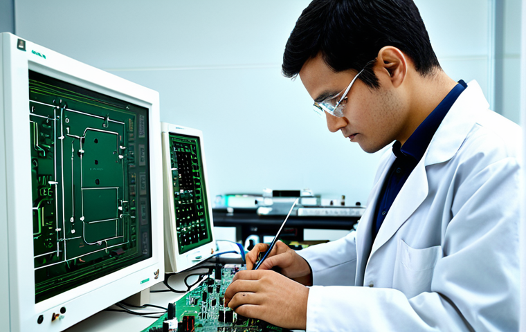Prompt 1: A professional electronics engineer in a fully clothed, modest lab coat, working on a circuit board in a clean, modern laboratory, appropriate attire, safe for work, perfect anatomy, natural proportions, high quality.