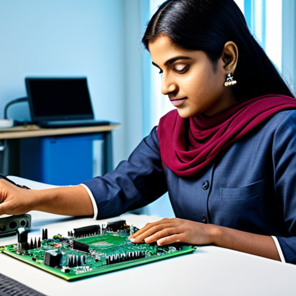 전자기기 시험 전날 최종 정리법 - **
A professional Indian engineer, fully clothed in a modest salwar kameez, working on a circuit bo...