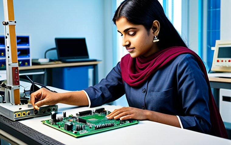 전자기기 시험 전날 최종 정리법 - **

A professional Indian engineer, fully clothed in a modest salwar kameez, working on a circuit bo...