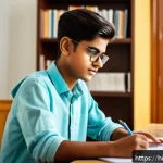Home 18 전자기기 자격증 준비 기간별 학습 계획 - A focused young Indian student sitting at a neat study desk in a quiet, well-lit room, surrounded by...