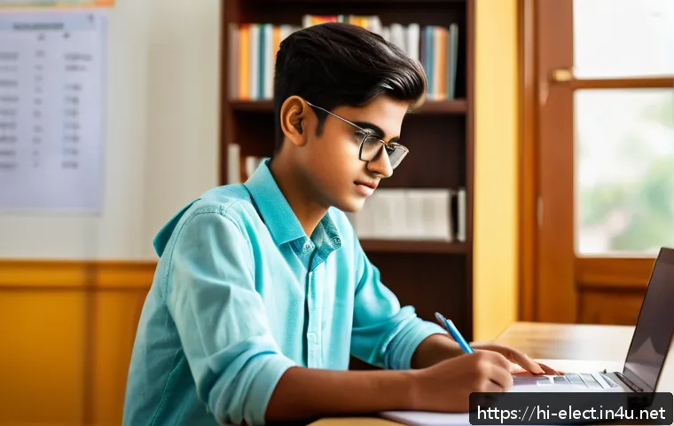 전자기기 자격증 준비 기간별 학습 계획 - A focused young Indian student sitting at a neat study desk in a quiet, well-lit room, surrounded by...