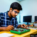 Home 23 전자기기 전문가 되는 법 - A detailed and vibrant scene of a young Indian electronics student in a modern home laboratory, wear...