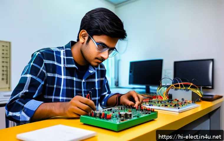 전자기기 전문가 되는 법 - A detailed and vibrant scene of a young Indian electronics student in a modern home laboratory, wear...